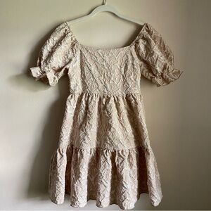 SHEIN Teen Bubble Sleeve Square Neckline Cream/Off-White Short Two-Tier Dress